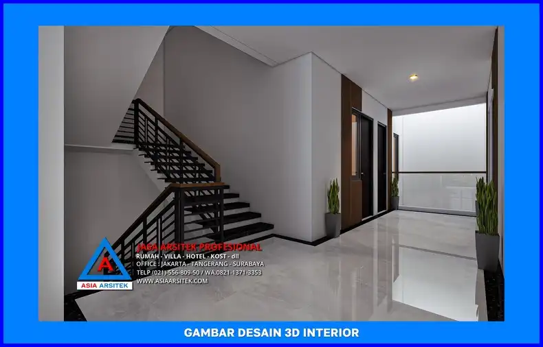 selasar area tangga Desain Rumah Kost Modern di Depok
