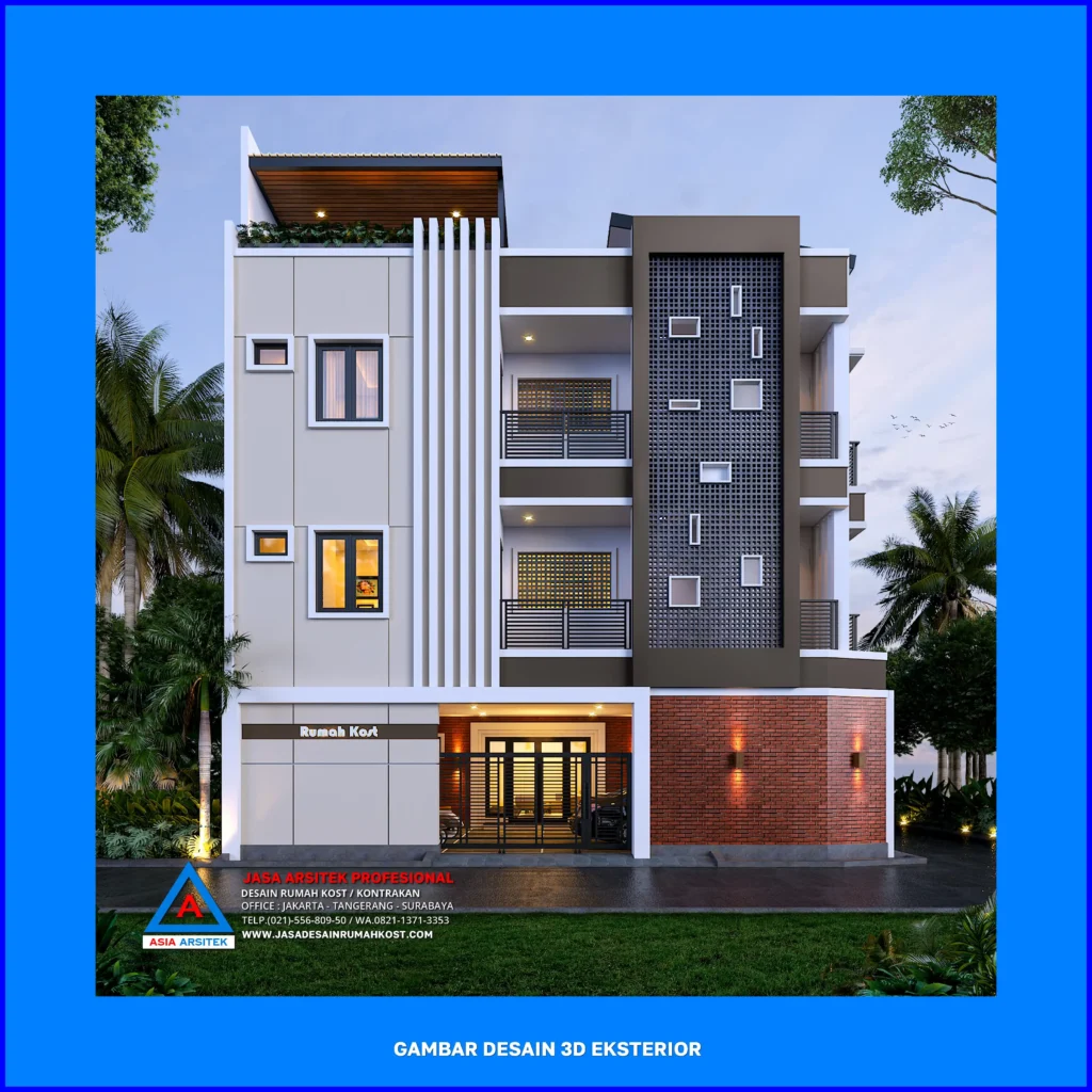 tampak depan Jasa Desain Rumah Kost 3D di Depok