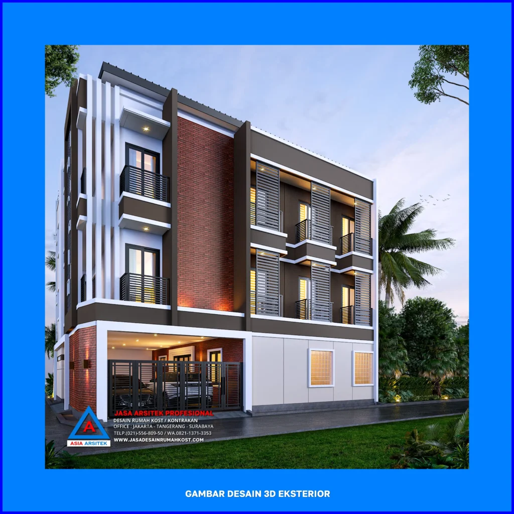 tampak samping kanan Jasa Desain Rumah Kost 3D di Depok