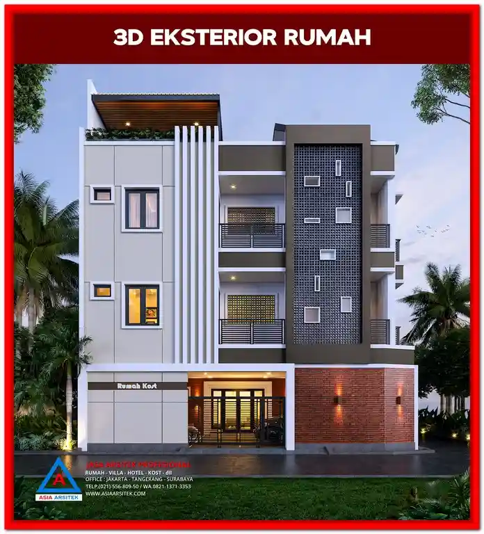 Desain Rumah Kost Lahan Sempit Di Mustika Jaya – Tampak depan rumah kost modern di lahan terbatas dengan desain fungsional, rapi, dan cocok untuk kawasan padat penduduk