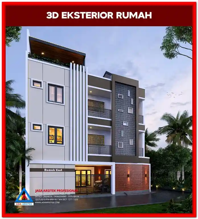 Desain Rumah Kost Lahan Sempit Di Mustika Jaya – Tampak depan rumah kost modern di lahan terbatas dengan desain fungsional, rapi, dan cocok untuk kawasan padat penduduk