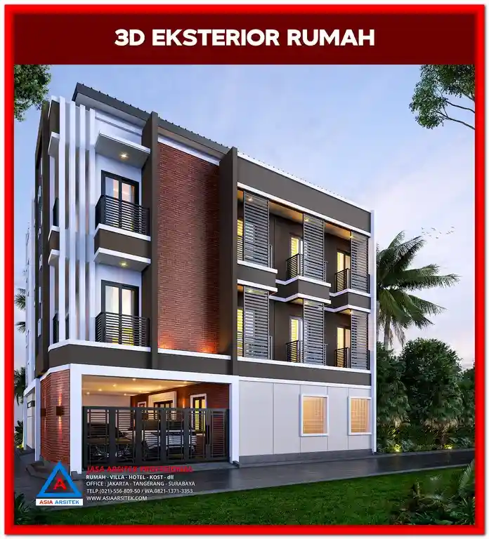 Desain Rumah Kost Lahan Sempit Di Mustika Jaya – Tampak depan rumah kost modern di lahan terbatas dengan desain fungsional, rapi, dan cocok untuk kawasan padat penduduk