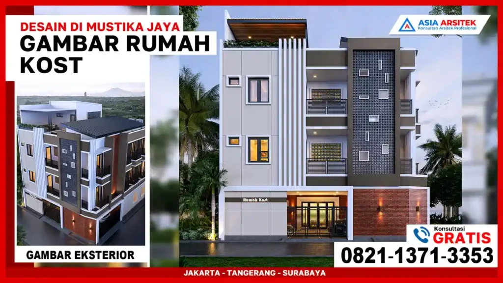 Desain Rumah Kost Lahan Sempit Di Mustika Jaya – Tampak depan rumah kost modern di lahan terbatas dengan desain fungsional, rapi, dan cocok untuk kawasan padat penduduk