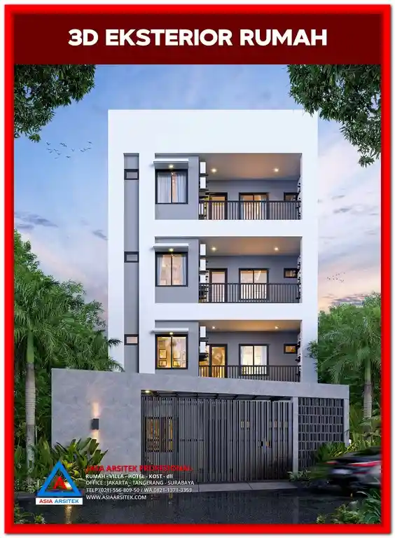 Harga Jasa Desain 3D Rumah Kost Bekasi – Visual 3 dimensi bangunan kost modern dengan tampilan fasad realistis dan detail lengkap