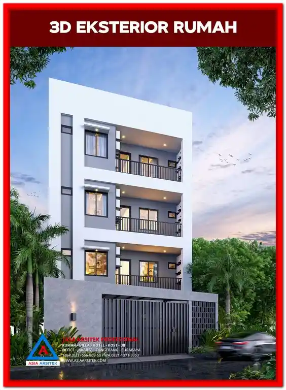 Harga Jasa Desain 3D Rumah Kost Bekasi – Visual 3 dimensi bangunan kost modern dengan tampilan fasad realistis dan detail lengkap