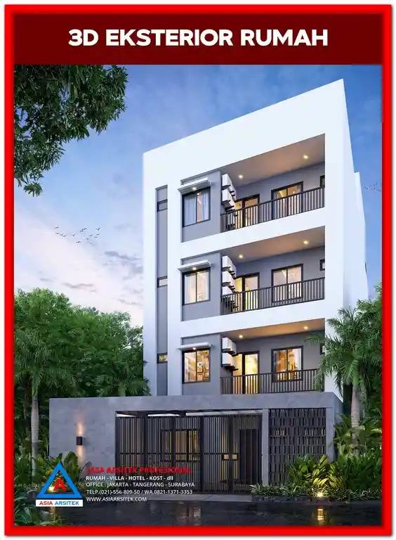 Harga Jasa Desain 3D Rumah Kost Bekasi – Visual 3 dimensi bangunan kost modern dengan tampilan fasad realistis dan detail lengkap