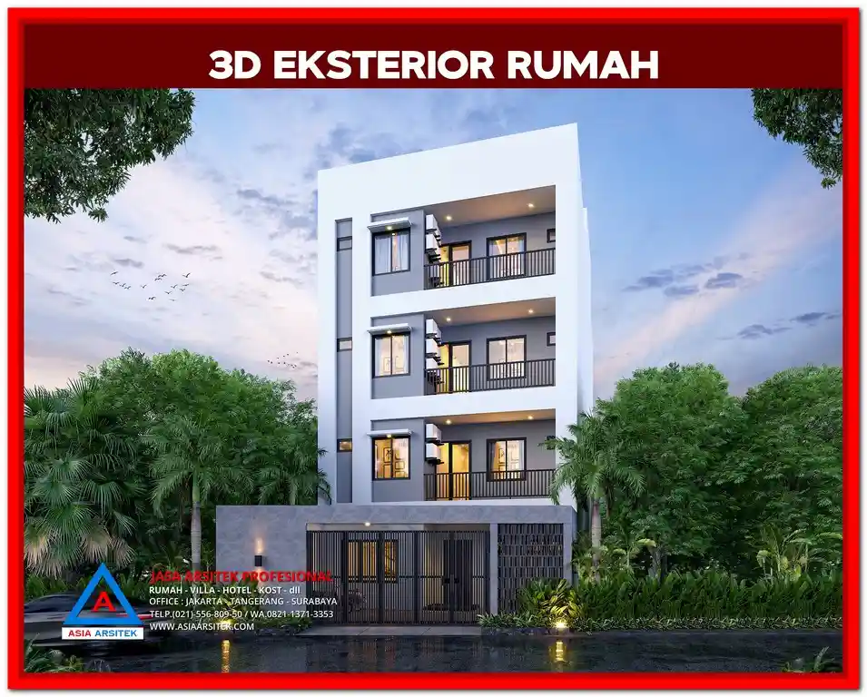 Harga Jasa Desain 3D Rumah Kost Bekasi – Visual 3 dimensi bangunan kost modern dengan tampilan fasad realistis dan detail lengkap