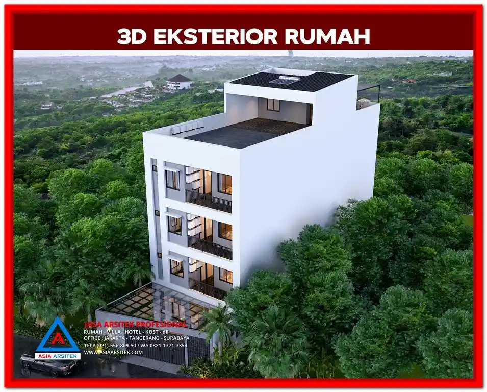 Harga Jasa Desain 3D Rumah Kost Bekasi – Visual 3 dimensi bangunan kost modern dengan tampilan fasad realistis dan detail lengkap