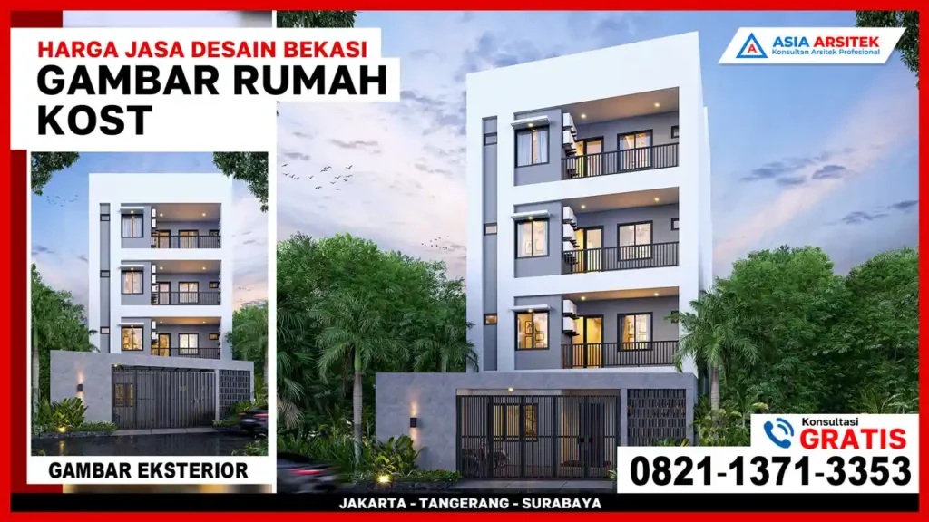 Harga Jasa Desain 3D Rumah Kost Bekasi – Visual 3 dimensi bangunan kost modern dengan tampilan fasad realistis dan detail lengkap