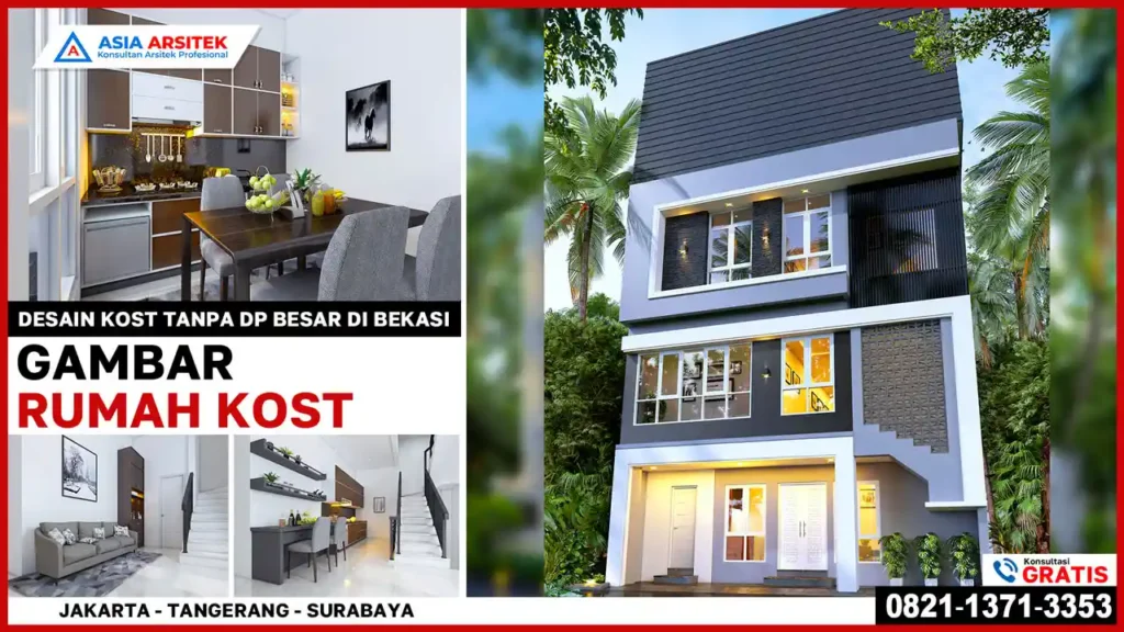 Desain Kost Tanpa DP Besar Di Bekasi – Konsep kost modern 2–4 lantai dengan fasad elegan, memaksimalkan lahan sempit, dan biaya pembangunan terjangkau