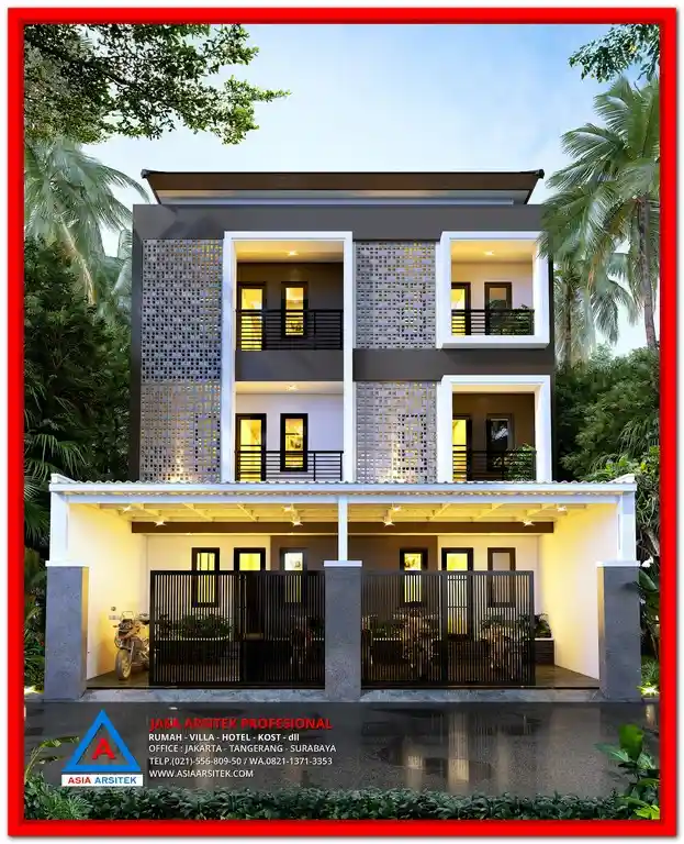 Desain Rumah Kost Anti Banjir Area Bekasi Utara – Konsep rumah kost modern dengan lantai tinggi, sistem drainase efektif, serta tampak depan minimalis tropis yang aman dan nyaman dari potensi banjir.