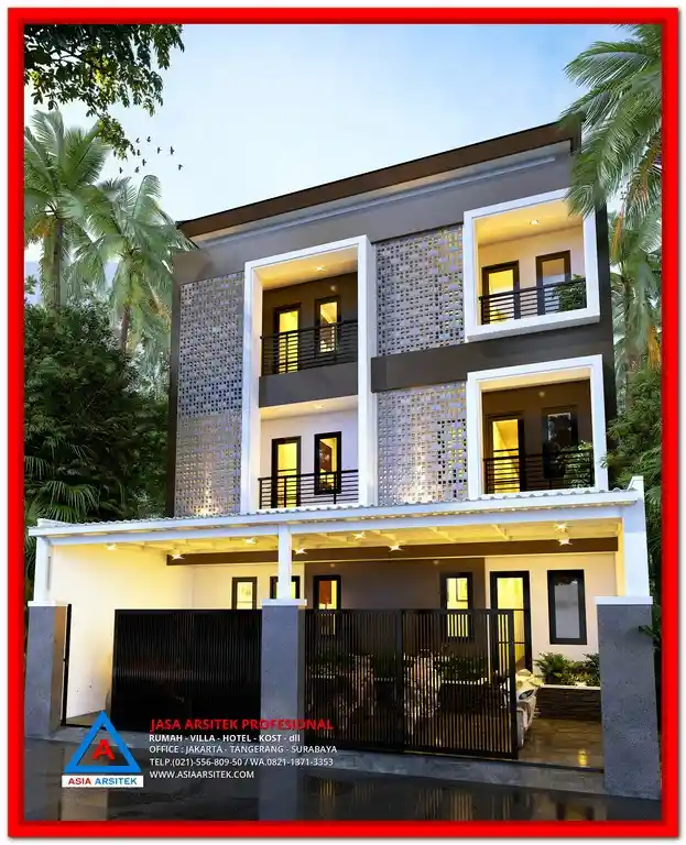 Desain Rumah Kost Anti Banjir Area Bekasi Utara – Konsep rumah kost modern dengan lantai tinggi, sistem drainase efektif, serta tampak depan minimalis tropis yang aman dan nyaman dari potensi banjir.