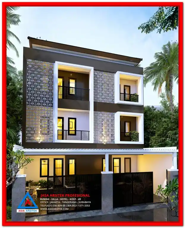 Desain Rumah Kost Anti Banjir Area Bekasi Utara – Konsep rumah kost modern dengan lantai tinggi, sistem drainase efektif, serta tampak depan minimalis tropis yang aman dan nyaman dari potensi banjir.