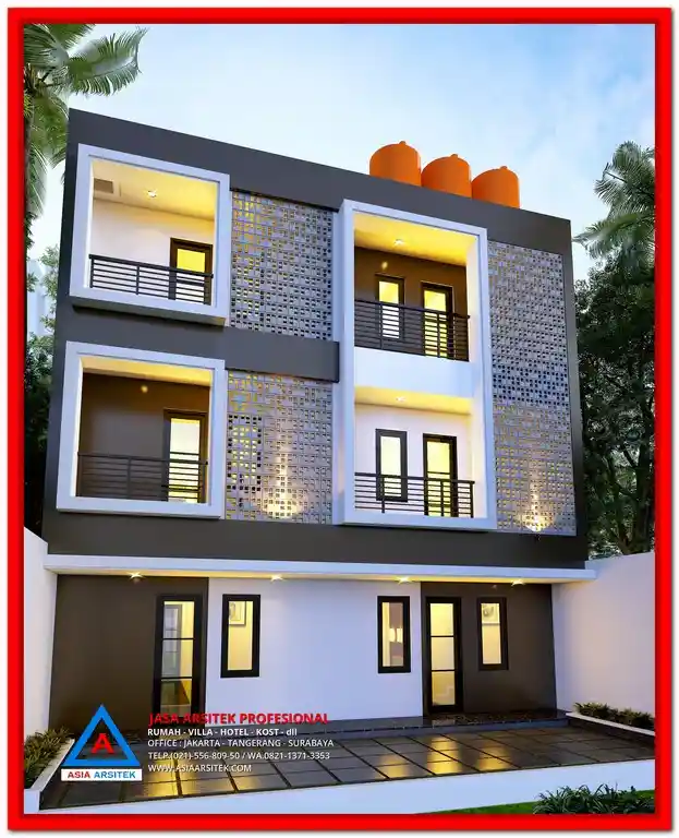 Desain Rumah Kost Anti Banjir Area Bekasi Utara – Konsep rumah kost modern dengan lantai tinggi, sistem drainase efektif, serta tampak depan minimalis tropis yang aman dan nyaman dari potensi banjir.