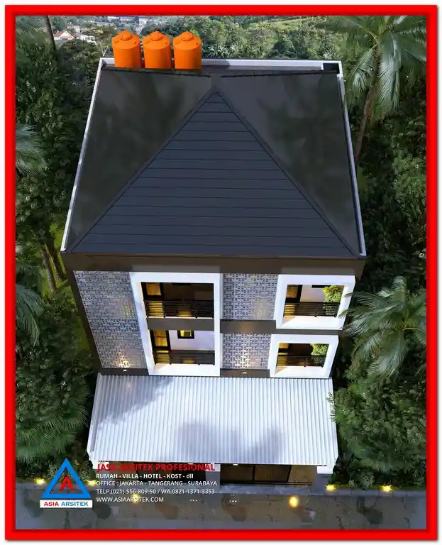 Desain Rumah Kost Anti Banjir Area Bekasi Utara – Konsep rumah kost modern dengan lantai tinggi, sistem drainase efektif, serta tampak depan minimalis tropis yang aman dan nyaman dari potensi banjir.