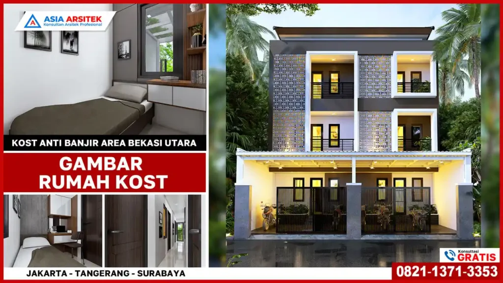 Desain Rumah Kost Anti Banjir Area Bekasi Utara – Konsep rumah kost modern dengan lantai tinggi, sistem drainase efektif, serta tampak depan minimalis tropis yang aman dan nyaman dari potensi banjir.