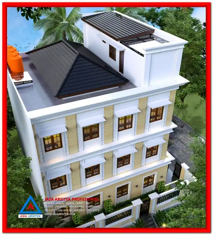 Desain Rumah Kost Ramah Lingkungan Bekasi – Konsep bangunan kost 2 lantai dengan bukaan lebar, ventilasi silang, atap hijau, dan material daur ulang yang mendukung kenyamanan dan efisiensi energi.