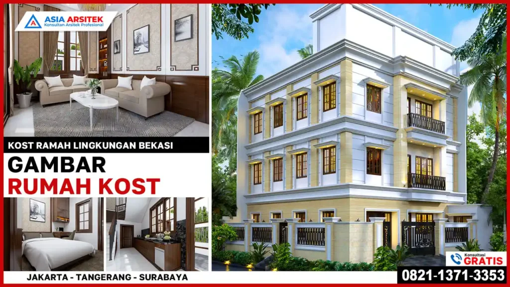 Desain Rumah Kost Ramah Lingkungan Bekasi – Konsep bangunan kost 2 lantai dengan bukaan lebar, ventilasi silang, atap hijau, dan material daur ulang yang mendukung kenyamanan dan efisiensi energi.