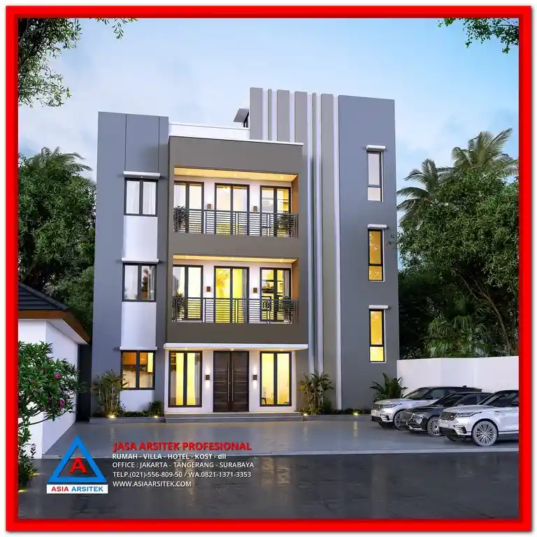 Jasa Desain Rumah Kost di Bekasi yang Bikin Kost Kamu Laris Manis – Tampak depan rumah kost modern dengan tampilan rapi, bukaan lebar, dan layout strategis untuk menarik banyak penyewa.