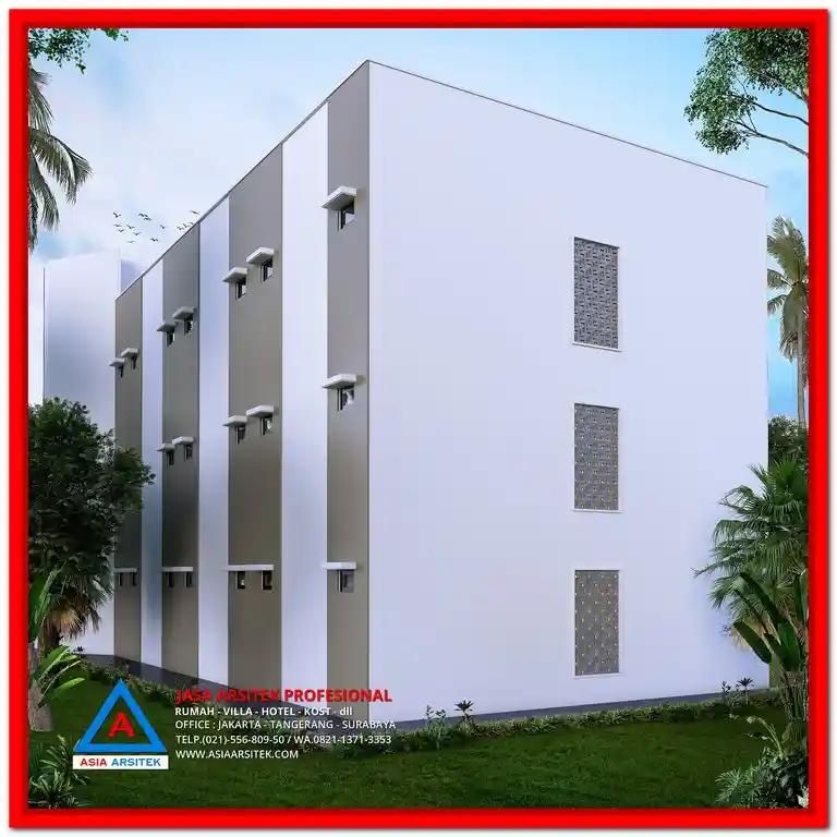 Jasa Desain Rumah Kost di Bekasi yang Bikin Kost Kamu Laris Manis – Tampak depan rumah kost modern dengan tampilan rapi, bukaan lebar, dan layout strategis untuk menarik banyak penyewa.