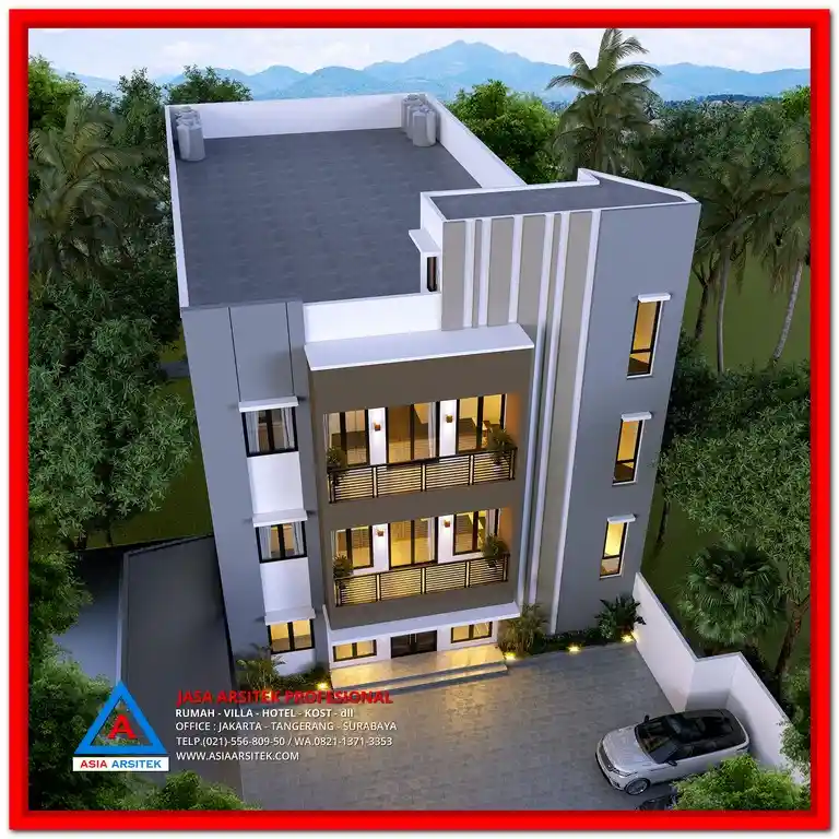 Jasa Desain Rumah Kost di Bekasi yang Bikin Kost Kamu Laris Manis – Tampak depan rumah kost modern dengan tampilan rapi, bukaan lebar, dan layout strategis untuk menarik banyak penyewa.